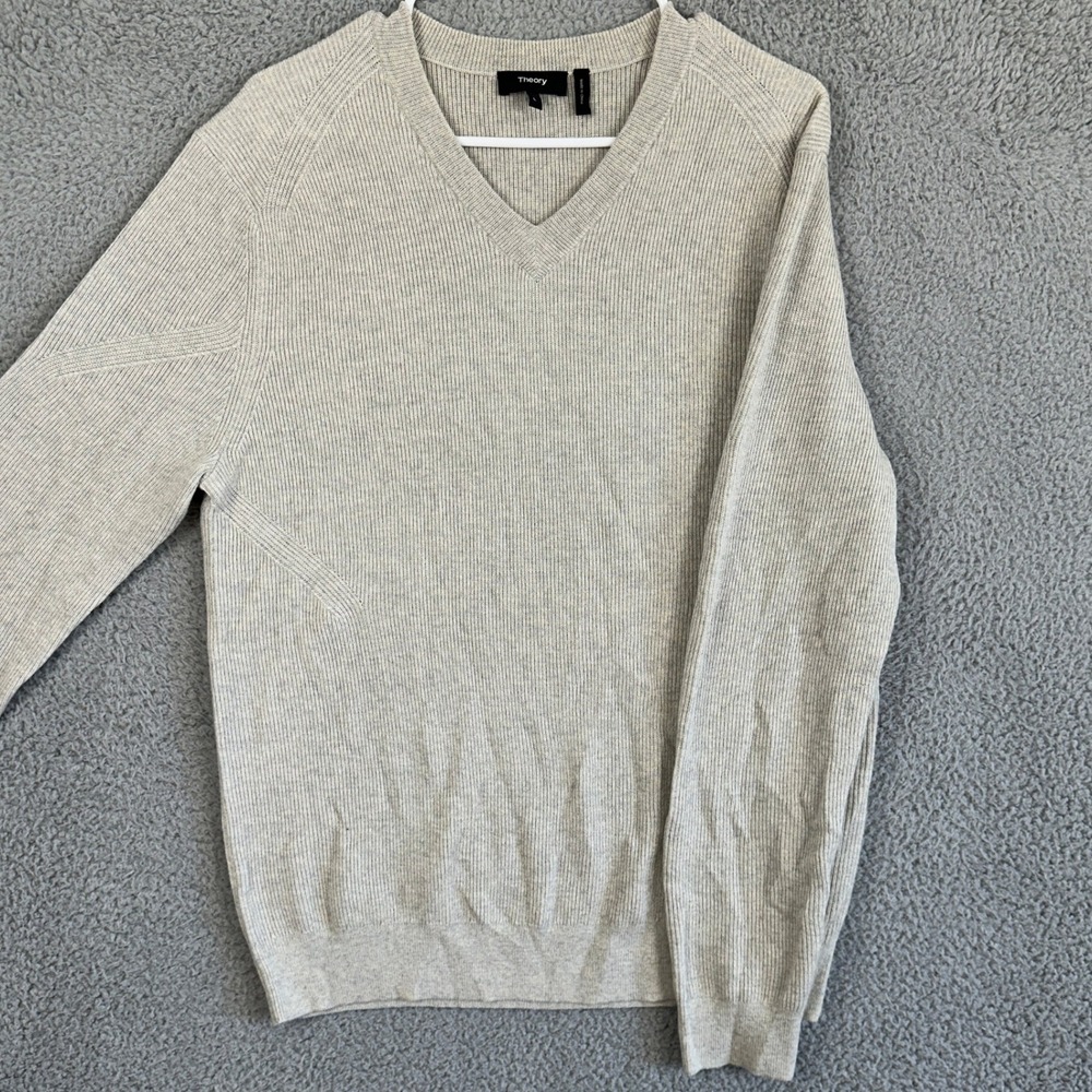 Theory Merino Wool Sweater V-Neck Mens Large Light Tan Knit Long Sleeve Pullover